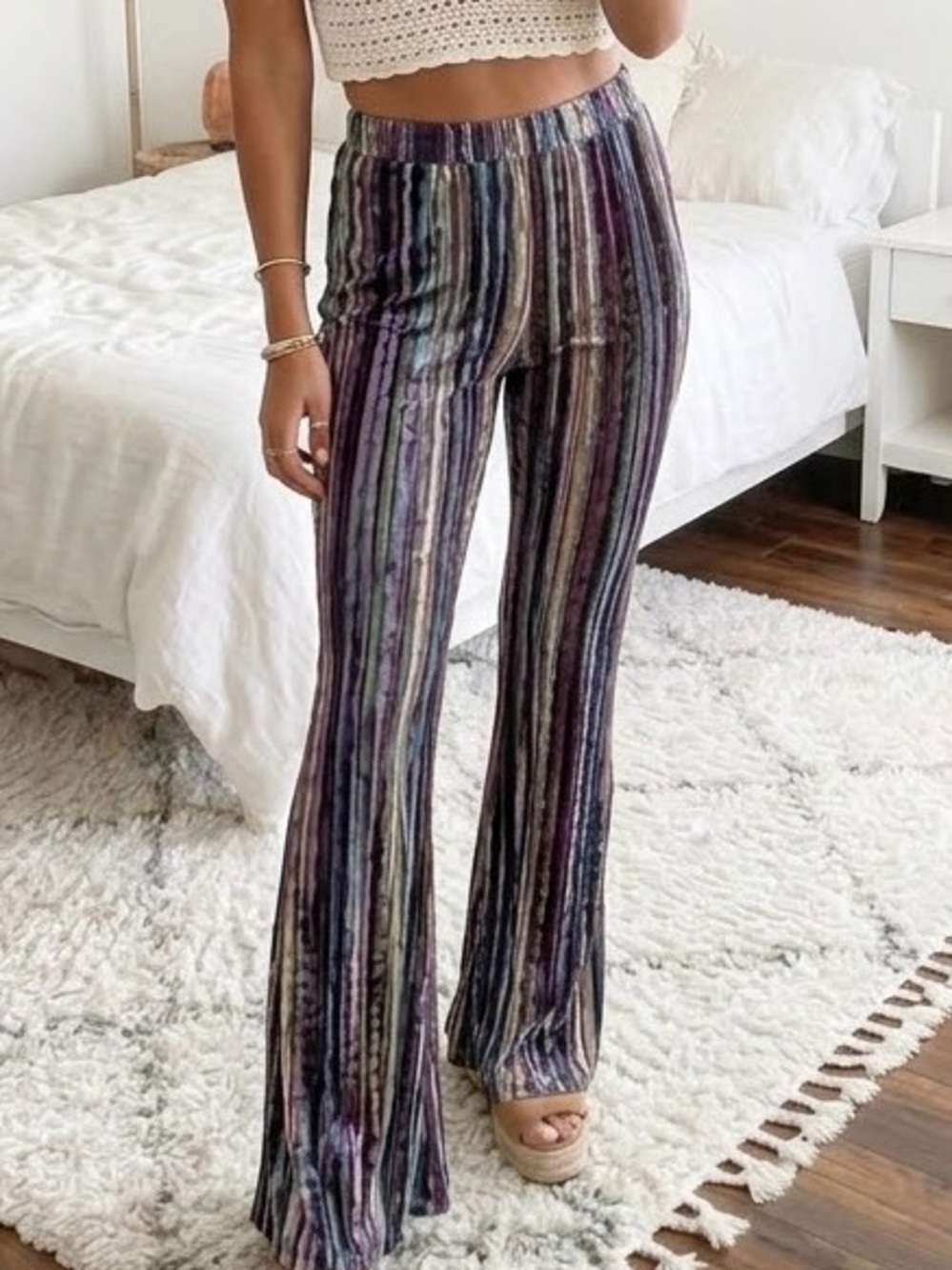 The Pyramid Collection Striped Burnout Velvet Flare Leg Pants Boho Hippie Medium